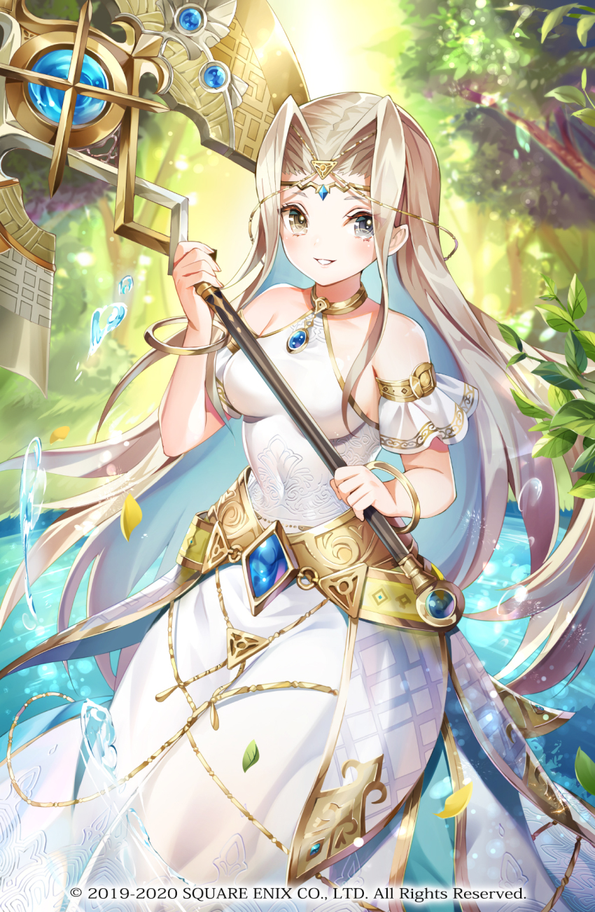 1girl axe blue_gemstone breasts copyright_notice dress falling_leaves forest gem goddess_of_the_spring_alma_(grimms_echoes) grey_eyes grimms_echoes grin heterochromia highres holding holding_axe holding_weapon leaf nature nemusuke official_art sitting smile solo teeth water weapon white_dress yellow_eyes