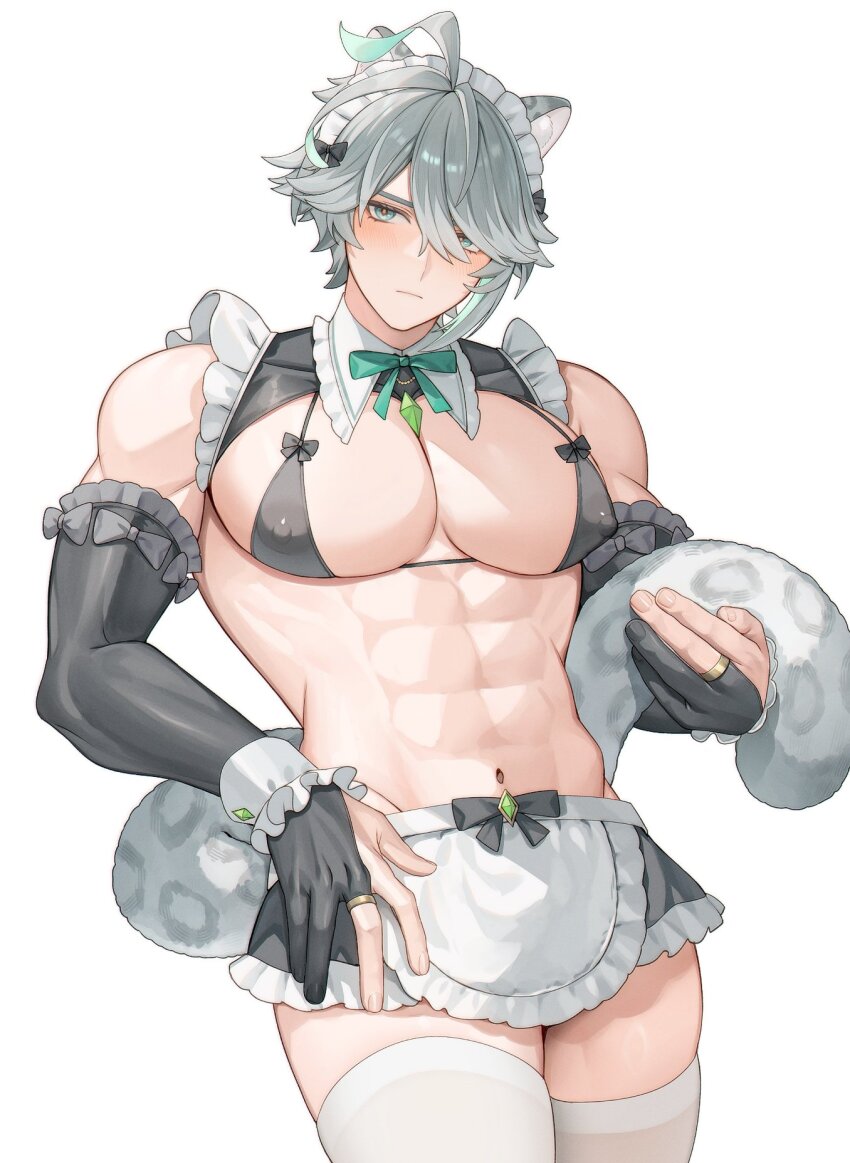 1boy abs alhaitham_(genshin_impact) alpaitham ambush_(trap) animal_ears aqua_eyes aqua_hair bikini black_bikini black_bow black_gloves black_sleeves blush bow closed_mouth fingerless_gloves frilled_bikini frills genshin_impact gloves grey_hair grey_tail hair_between_eyes highres leopard_boy leopard_ears leopard_tail looking_at_viewer maid maid_bikini male_focus multicolored_hair muscular muscular_male short_hair solo swimsuit tail unconventional_maid white_background white_hair