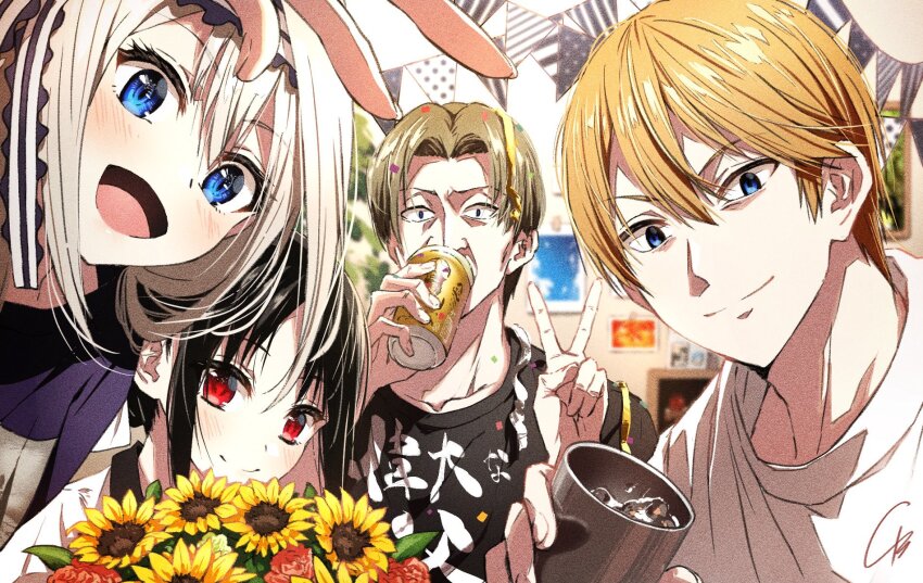 2boys 2girls 4b-enpitsu bags_under_eyes black_shirt blonde_hair blue_eyes bouquet cup father&#039;s_day flower greyscale hair_between_eyes highres holding holding_bouquet ice ice_cube indoors kaguya-sama_wa_kokurasetai_~tensai-tachi_no_renai_zunousen~ light_blush long_hair looking_at_viewer monochrome multiple_boys multiple_girls open_mouth parent_and_child red_eyes shinomiya_kaguya shirogane_chichi shirogane_kei shirogane_miyuki shirt short_hair shorts sidelocks smile sunflower v white_hair white_shirt