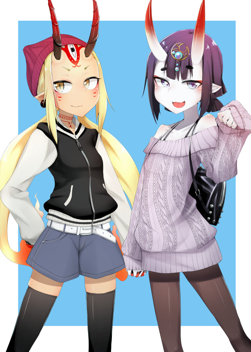 2girls absurdres bare_shoulders black_jacket black_thighhighs blonde_hair blue_shorts blush breasts brown_pantyhose collarbone colored_extremities dai_yasude earrings eyeliner facial_mark fate/grand_order fate_(series) forehead forehead_mark grey_sweater hair_pulled_back headpiece highres holding_hands horns ibaraki_douji_(fate) jacket jewelry long_hair long_sleeves looking_at_viewer low_twintails makeup multiple_girls off-shoulder_sweater off_shoulder oni open_mouth pantyhose pointy_ears purple_eyes purple_hair red_hands short_hair short_twintails shorts shuten_douji_(fate) skin-covered_horns small_breasts smile sweater tan tattoo thighhighs thighs twintails white_sleeves yellow_eyes