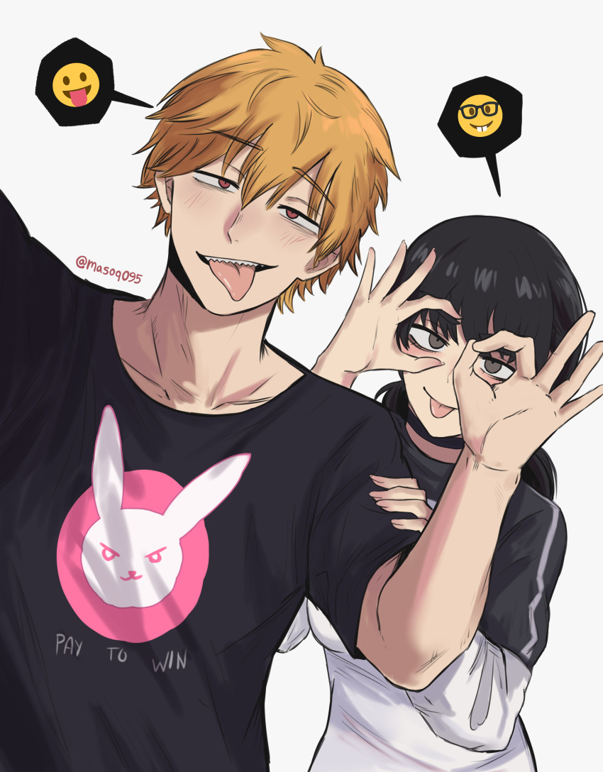 1boy 1girl absurdres animal_print black_hair black_shirt blonde_hair chainsaw_man denji_(chainsaw_man) grey_eyes hand_glasses highres looking_at_viewer masoq mitaka_asa ok_sign ok_sign_over_eye orange_eyes print_shirt rabbit_print sharp_teeth shirt speech_bubble spoken_expression t-shirt teeth tongue tongue_out white_background