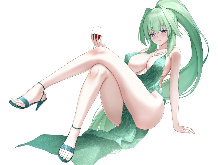 1girl alternate_costume arm_support blush breasts cleavage crossed_legs cup dress drinking_glass feet green_hair green_heart_(neptunia) half-closed_eyes highres jmc5221 large_breasts legs long_hair looking_at_viewer nail_polish neptune_(series) pelvic_curtain ponytail power_symbol-shaped_pupils purple_eyes seductive_gaze seductive_smile sideboob sitting smile symbol-shaped_pupils thick_thighs thighs toes vert_(neptunia) very_long_hair wine_glass