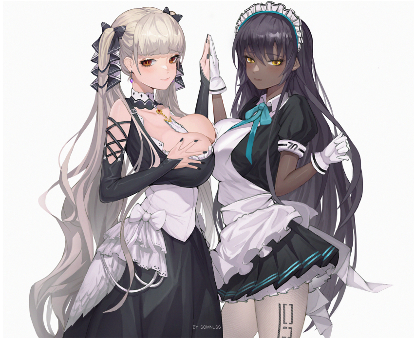 2girls azur_lane bare_shoulders black_hair black_nails blue_archive blush breast_press breasts bridal_gauntlets choker cleavage collarbone crossover dark-skinned_female dark_skin dress earrings formidable_(azur_lane) gloves gothic_lolita hand_to_hand highres jewelry karin_(blue_archive) large_breasts lolita_fashion long_hair maid maid_headdress multiple_girls nail_polish orange_eyes platinum_blonde_hair puffy_short_sleeves puffy_sleeves short_sleeves smile somnuss symmetrical_docking twintails very_long_hair yellow_eyes