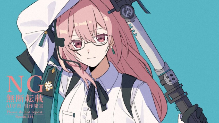 1girl blue_background dress_shirt earrings glasses hair_between_eyes highres holding holding_polearm holding_weapon jewelry long_hair looking_at_viewer naginata pink_eyes pink_hair polearm purin_234 serious shirt sidelocks solo tsukishiro_yanagi upper_body weapon white_shirt zenless_zone_zero