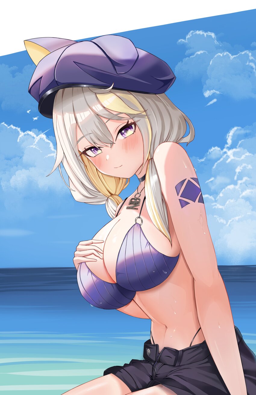 1girl absurdres animal_ears animal_hat bare_arms bare_shoulders beret bikini black_choker black_shorts blonde_hair blue_hat breasts choker cleavage closed_mouth fake_animal_ears hair_over_shoulder hand_on_own_chest hat highleg highleg_bikini highres indie_virtual_youtuber jewelry large_breasts long_hair looking_at_viewer low_twintails multicolored_hair navel necklace never_bite o-ring o-ring_bikini ocean open_fly purple_bikini purple_eyes ribbed_bikini short_shorts shorts shoulder_tattoo sitting smile solo stomach string_bikini swimsuit tattoo twintails two-tone_hair vavamva virtual_youtuber wet white_hair