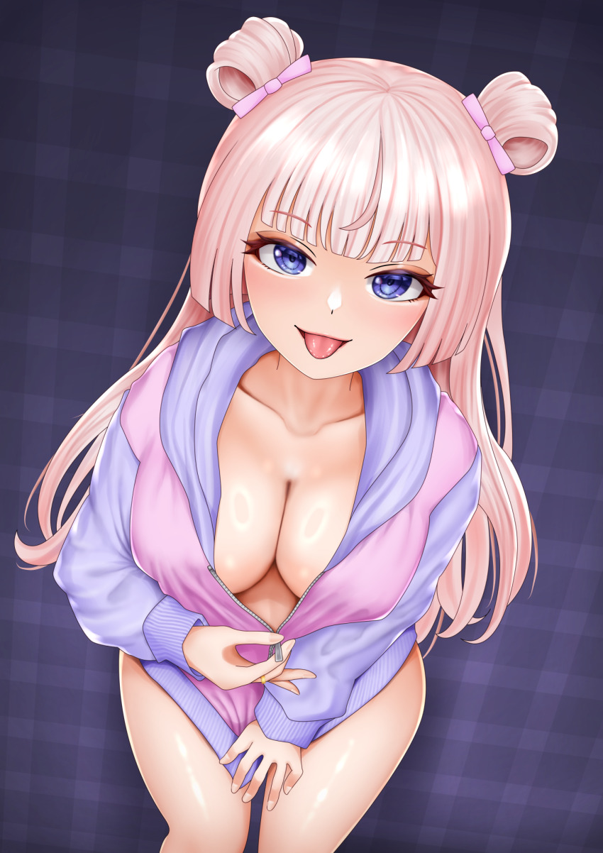 1girl :p assault_lily blanket blue_eyes blue_jacket blunt_bangs blush bottomless bow breasts cleavage collarbone commentary covered_erect_nipples cowboy_shot double_bun fingernails hair_bow hair_bun hand_up highres hood hood_down hooded_jacket imai_tomohiro jacket jewelry long_hair long_sleeves looking_at_viewer lying medium_breasts multicolored_jacket naked_jacket naughty_face on_back parted_lips partially_unzipped pink_bow pink_hair pink_jacket ring smile solo tanba_akari tongue tongue_out two-tone_jacket unzipped zipper zipper_pull_tab