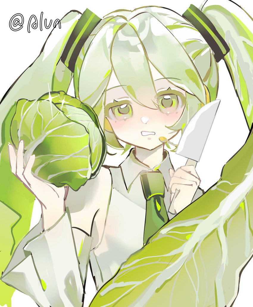 1girl absurdres alternate_color alternate_eye_color alternate_hair_color borrowed_design cabbage chinese_commentary commentary crying food food-themed_hair green_eyes green_hair hatsune_miku highres holding holding_food holding_knife knife leaf long_hair looking_at_viewer necktie plant_hair quanyilun shirt signature sleeveless sleeveless_shirt solo twintails variant_set vocaloid white_background