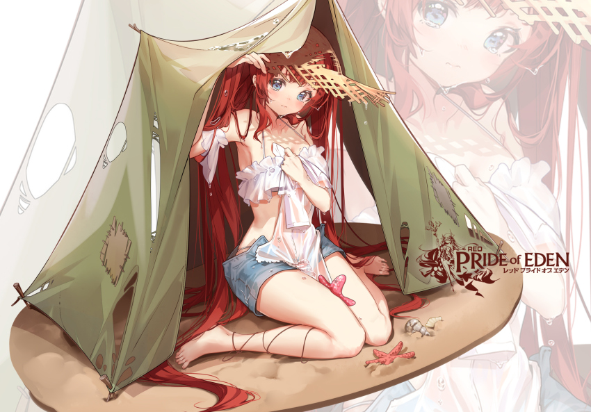 1girl arm_up bare_shoulders barefoot bikini blue_eyes blue_shorts brown_hat character_request closed_mouth clouble copyright_name damaged hand_up hat highres holding knees_together_feet_apart long_hair looking_at_viewer official_art patch red:_pride_of_eden red_hair short_shorts shorts sidelocks simple_background sitting skindentation solo starfish straw_hat swimsuit tent torn_clothes torn_hat twintails very_long_hair wariza watermark wavy_mouth wet white_background white_bikini zoom_layer