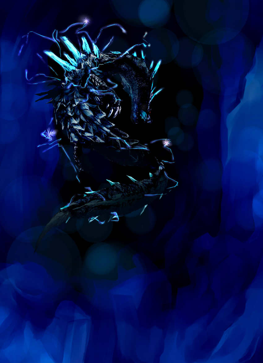 absurdres abyssal_lagiacrus capcom electricity glowing glowing_eyes highres monster monster_hunter_(series) monster_hunter_3_g no_humans red_eyes scales solo tail underwater