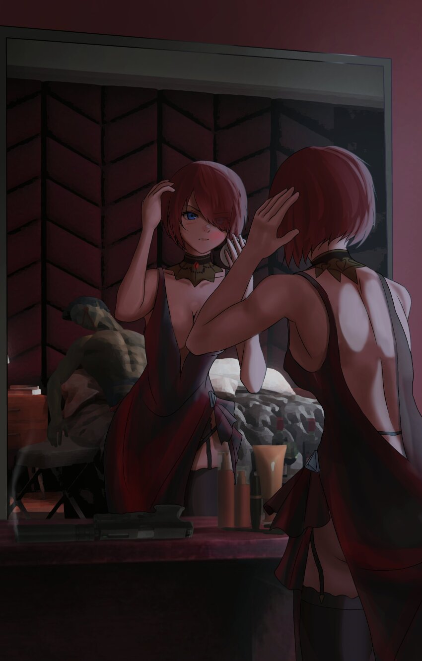 1boy 1girl absurdres backless_dress backless_outfit bedroom black_garter_straps black_thighhighs blood blood_on_face blue_eyes blush breasts cleavage closed_mouth commentary corpse death dgkamikaze dress english_commentary eyes_visible_through_hair garter_straps hair_over_one_eye highres indoors mirror murder original red_dress red_hair second-party_source solo_focus standing thighhighs topless_male