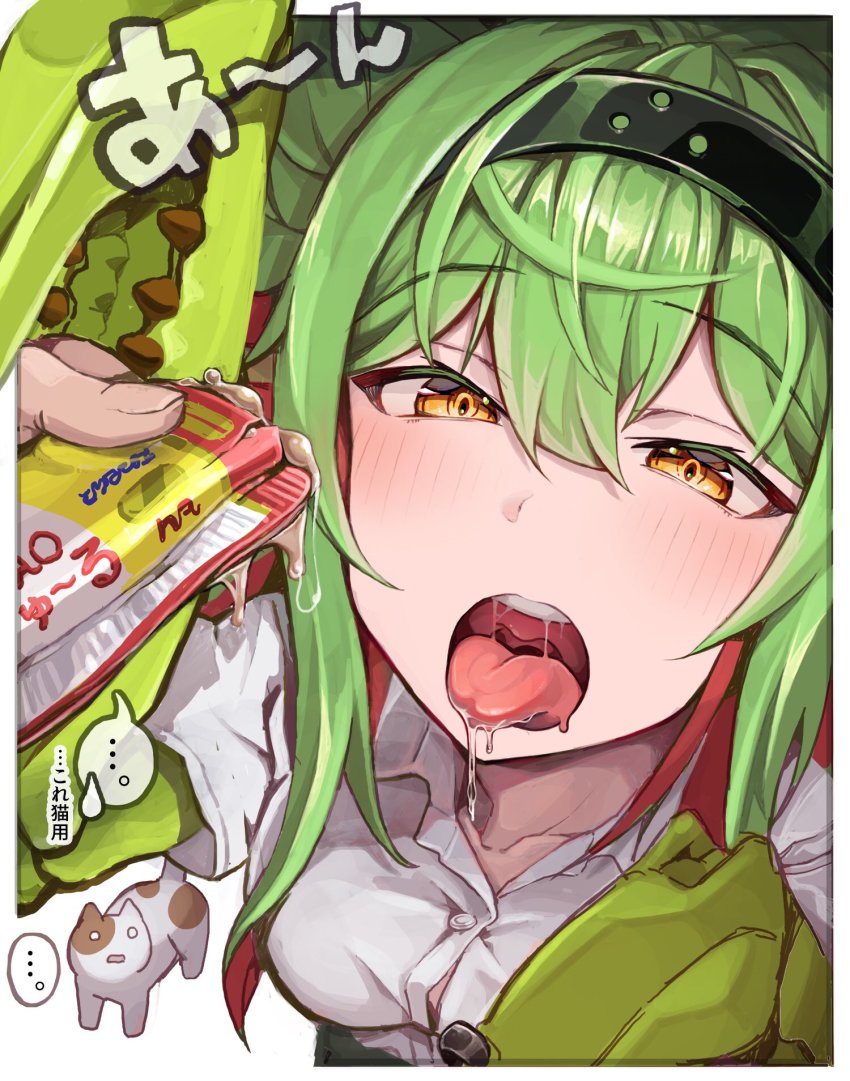 ... 1girl animal arthropod_girl blush breasts cat drooling green_hair hairband highres mantis_girl monster_girl open_mouth original red_hair solo_focus spoken_ellipsis teeth tongue tongue_out uvula yasuhara_roku yellow_eyes