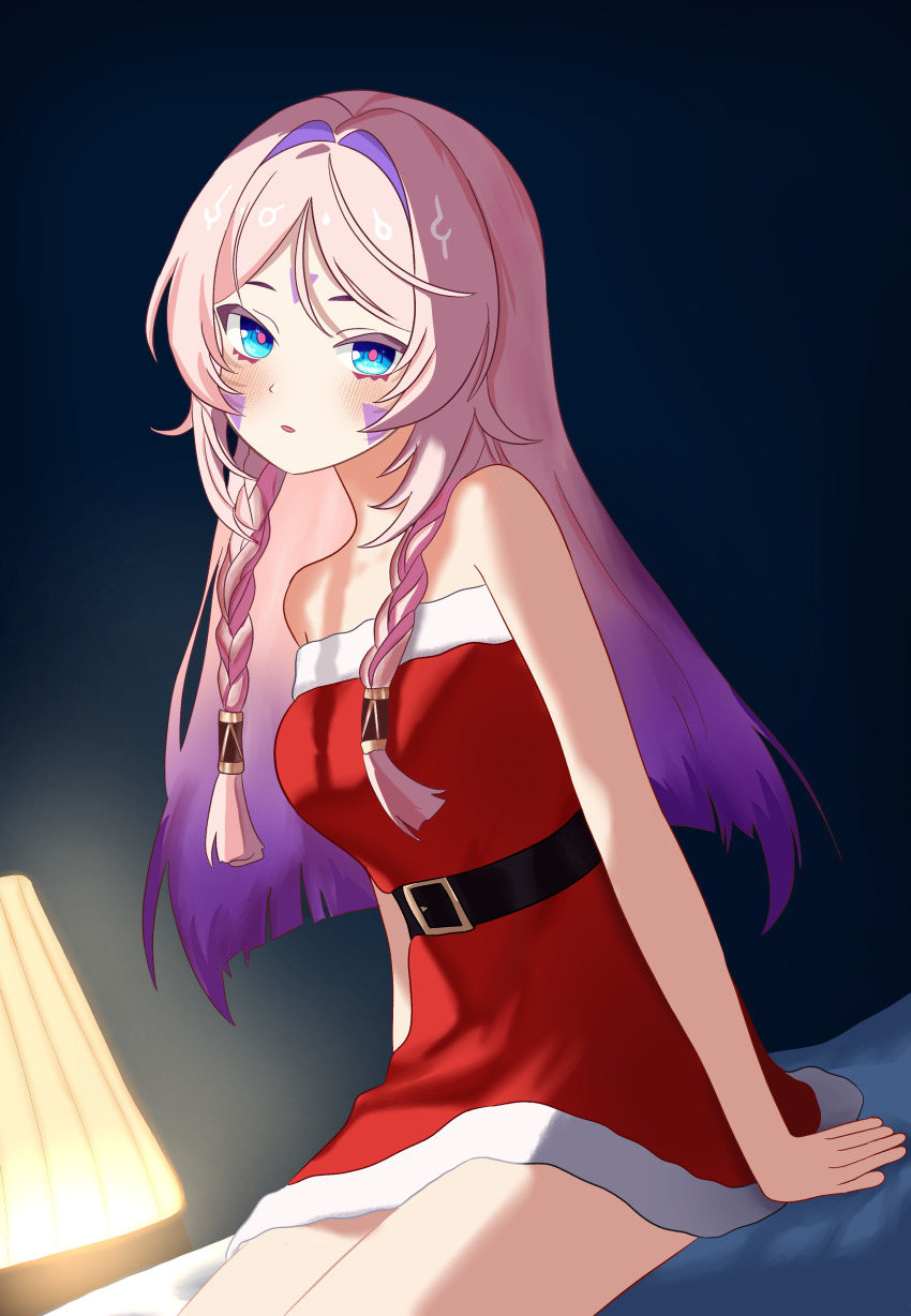 1girl absurdres andrl bare_shoulders bed bed_sheet bedroom belt blush braid breasts christmas citlali_(genshin_impact) costume dress facial_mark genshin_impact highres lamp long_hair looking_at_viewer medium_breasts on_bed open_mouth pink_hair red_dress santa_costume sitting solo strapless strapless_dress twin_braids