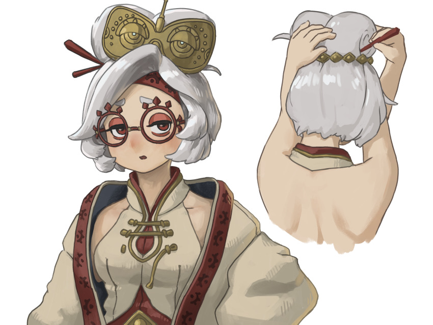 1girl back backless_shirt blush bow-shaped_hair breasts coat cropped_torso eyeshadow eyewear_on_head facing_away female_focus glasses goggles grey_hair hair_ornament hair_stick half-closed_eyes headband highres long_sleeves looking_at_viewer makeup medium_breasts multiple_views nintendo nose_blush open_clothes open_coat open_mouth otya_kan purah red-framed_eyewear red_eyes red_eyeshadow red_headband round_eyewear shirt short_hair shoulder_blades sidelocks simple_background sleeveless sleeveless_shirt the_legend_of_zelda the_legend_of_zelda:_tears_of_the_kingdom tying_hair upper_body white_background white_coat white_shirt