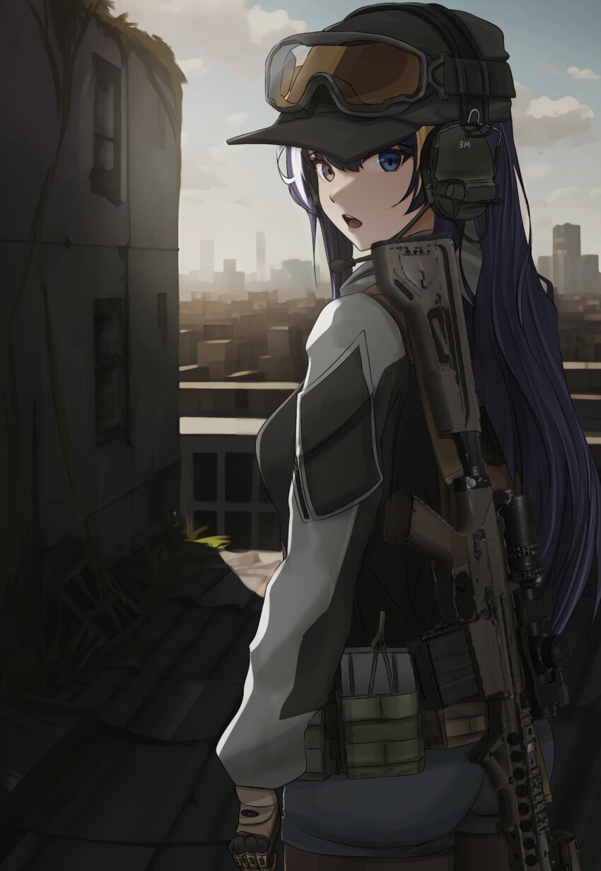 1girl alina_svard_kovalenko_(laotianaviator) baseball_cap black_hair blonde_hair blue_eyes blue_shorts blue_sky cloud commentary day dgkamikaze english_commentary from_behind goggles goggles_on_headwear grey_hat gun hat headphones highres jacket long_hair long_sleeves multicolored_hair original rifle second-party_source shorts sky sniper_rifle solo streaked_hair weapon weapon_on_back weapon_request