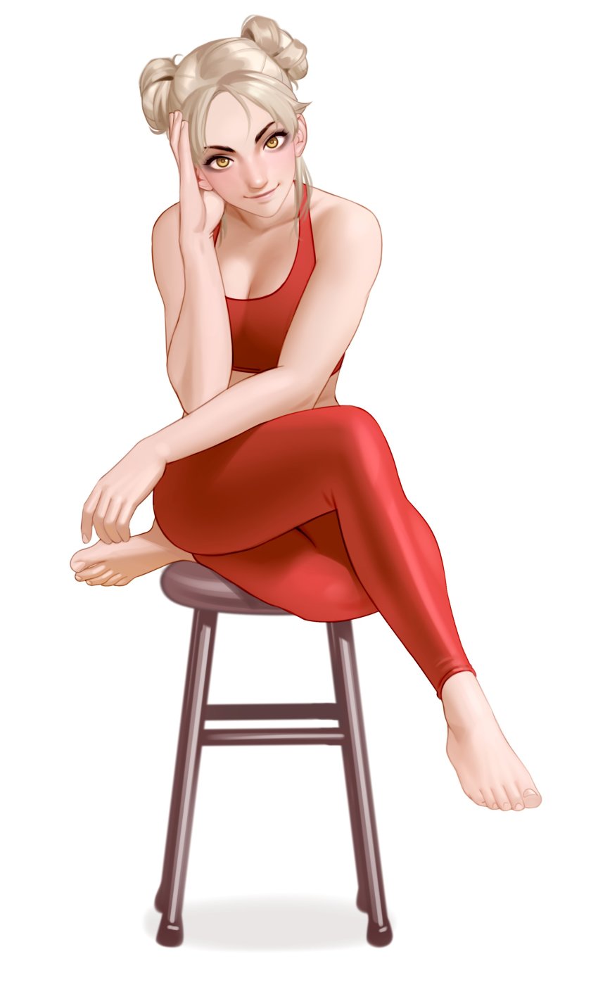 1girl absurdres bare_arms bare_shoulders barefoot breasts collarbone commentary copyright_request double_bun english_commentary feet grey_hair hair_bun head_tilt highres kairunoburogu leggings looking_at_viewer red_leggings red_sports_bra simple_background sitting small_breasts smile solo sports_bra stool toes v-shaped_eyebrows white_background yellow_eyes