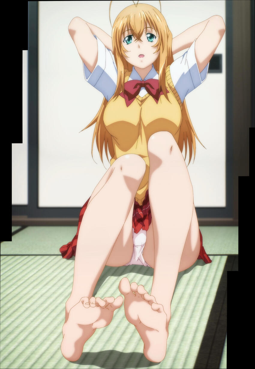 1girl 20s absurdres barefoot breasts green_eyes highres ikkitousen large_breasts long_hair orange_hair panties shin_ikkitousen sitting skirt solo sonsaku_hakufu stitched third-party_edit underwear