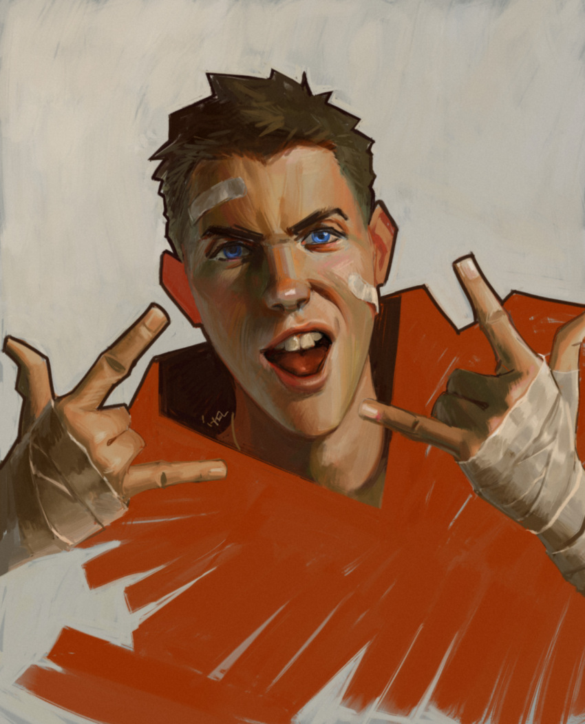 1boy \m/ bandaged_hand bandages blue_eyes brown_hair buck_teeth commentary english_commentary hands_up highres iyelendecker looking_at_viewer male_focus open_mouth red_scout_(tf2) scout_(tf2) short_hair sidelighting signature solo team_fortress_2 teeth v-shaped_eyebrows