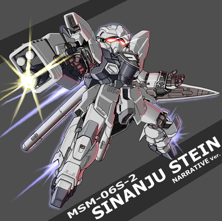 character_name chibi energy_gun glowing glowing_eyes gun gundam gundam_narrative handgun highres holding holding_gun holding_weapon looking_down mecha no_humans open_hand pistol red_eyes robot sinanju_stein solo weapon yatta070622