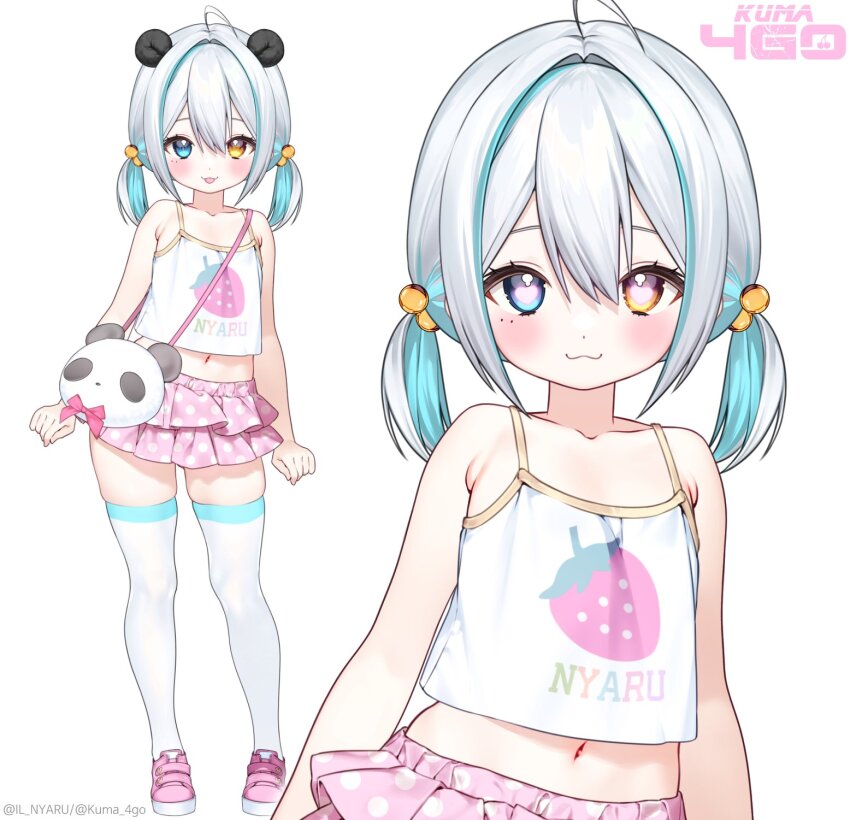 1girl animal_ears armpit_crease bag blush bow camisole child eyelashes hair_bobbles hair_ornament hashtag-only_commentary heart heart-shaped_pupils heterochromia highres kuma_4go midriff navel original pale_skin panda_ears shoes short_twintails shoulder_bag skindentation skirt smile socks symbol-shaped_pupils tank_top thighhighs twintails virtual_youtuber white_hair