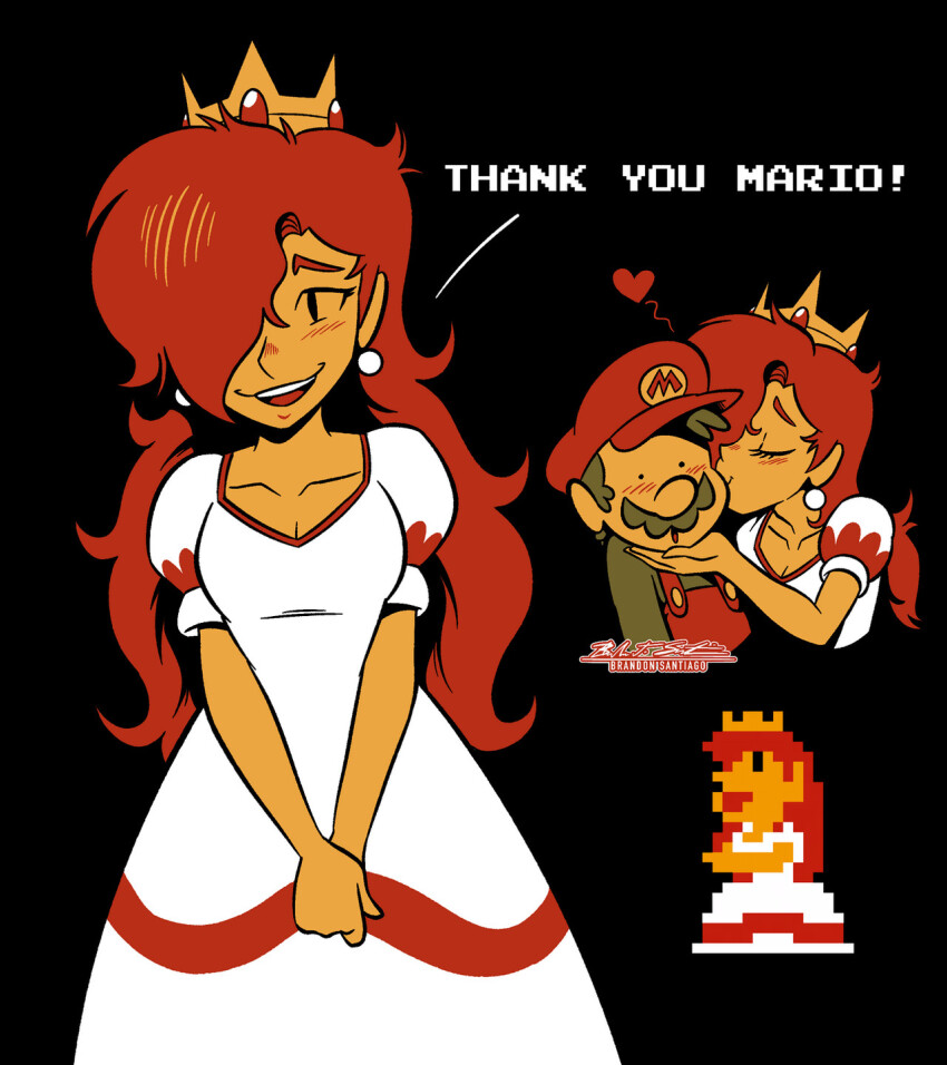 1boy 1girl 8-bit black_background blush brandon_santiago breasts brown_hair covered_eyes crown dress earrings eyelashes facial_hair hair_over_eyes hat heart highres jewelry kiss long_bangs long_hair long_sleeves mario mario_(series) mustache nintendo nose_blush open_mouth overalls princess princess_peach red_hair shirt short_hair simple_background smile super_mario_bros._1 white_dress