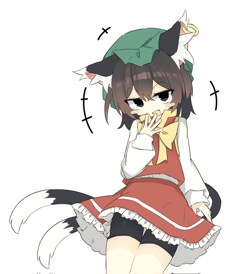 +++ 1girl :d animal_ear_fluff animal_ear_piercing animal_ears arm_at_side bike_shorts_under_skirt black_eyes blush_stickers bow bowtie brown_hair cat_ears cat_tail chen commentary_request covering_own_mouth double-parted_bangs earrings fang hair_between_eyes hand_up hat highres jewelry long_sleeves looking_at_viewer mob_cap multiple_tails nekomata open_mouth petticoat puffy_long_sleeves puffy_sleeves red_skirt red_vest ro_74 short_hair simple_background single_earring skin_fang skirt skirt_set smile solo tail thigh_gap touhou two_tails upturned_eyes vest white_background yellow_bow yellow_bowtie