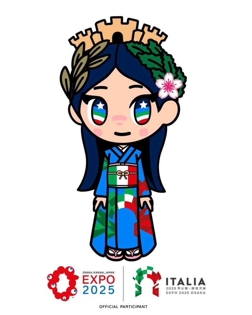 1girl blue_hair commentary_request expo2025 flower hair_flower hair_ornament highres italia-chan_(expo2025) italian_commentary italian_flag italy japanese_clothes laurel_crown multicolored_eyes myaku-myaku obi official_art personification sash second-party_source simone_legno simple_background smile solo tabi white_background