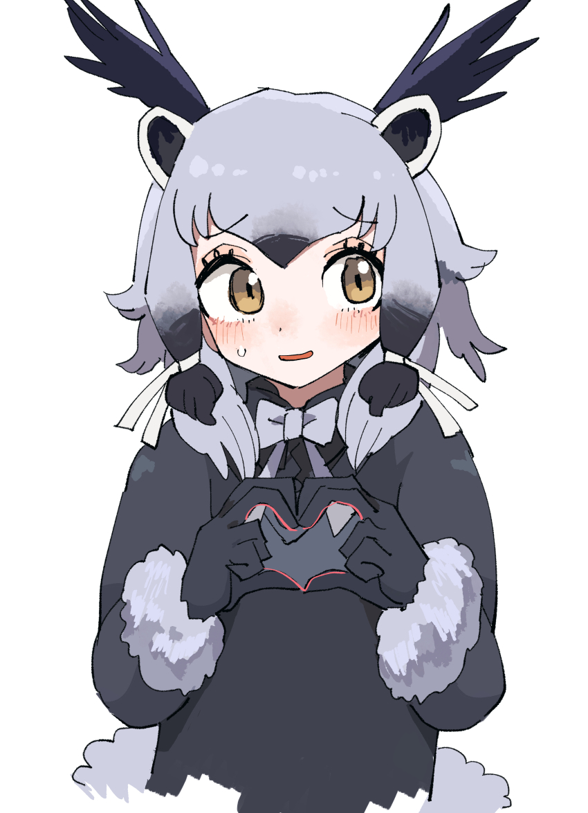 1girl absurdres animal_ears binturong_(kemono_friends) binturong_girl black_gloves black_hair black_shirt black_sweater blush bow bowtie collared_shirt fur_trim gloves grey_bow grey_bowtie grey_fur grey_hair hair_between_eyes hair_tie heart heart_hands highres kanmoku-san kemono_friends shirt short_hair sidelocks solo sweatdrop sweater upper_body yellow_eyes