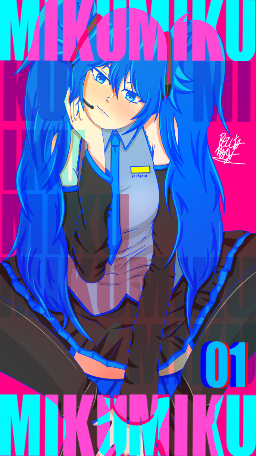 1girl aqua_eyes aqua_hair aqua_nails aqua_necktie black_sleeves blue_eyes blue_hair blushgrey_shirt hair_ornament hatsune_miku hatsune_miku_(append) hatsune_miku_(if) hatsune_miku_(nt) hatsune_miku_(sp) hatsune_miku_(vocaloid3) hatsune_miku_(vocaloid4) hatsune_miku_(vocaloid4)_(chinese) headphones headset highres long_hair looking_at_viewer magical_mirai_(vocaloid) necktie non-web_source number_tattoo self-upload shirt smile spring_onion tattoo twintails very_long_hair vocaloid vocaloid_append