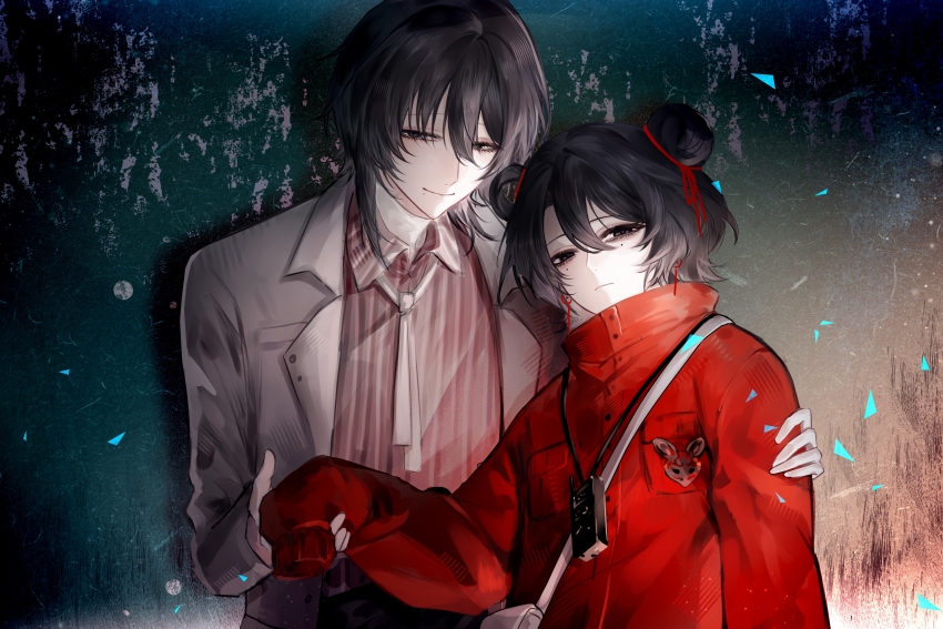 1boy 1girl absurdres black_eyes black_hair chinese_commentary closed_mouth collared_shirt commentary_request earrings grey_jacket hair_between_eyes hair_bun hair_ribbon hand_on_another&#039;s_arm high_collar highres jacket jewelry kc-rk_sl li_yuting_(female) long_sleeves medium_hair mo_chengwei mole mole_under_each_eye mole_under_eye mole_under_mouth multiple_moles neck_ribbon open_clothes open_jacket pink_shirt red_jacket red_ribbon ribbon shirt short_hair single_hair_bun single_hair_ring sleeves_past_fingers sleeves_past_wrists smile striped_clothes striped_shirt touqi_guaitan turtleneck vertical-striped_clothes vertical-striped_shirt walkie-talkie white_ribbon