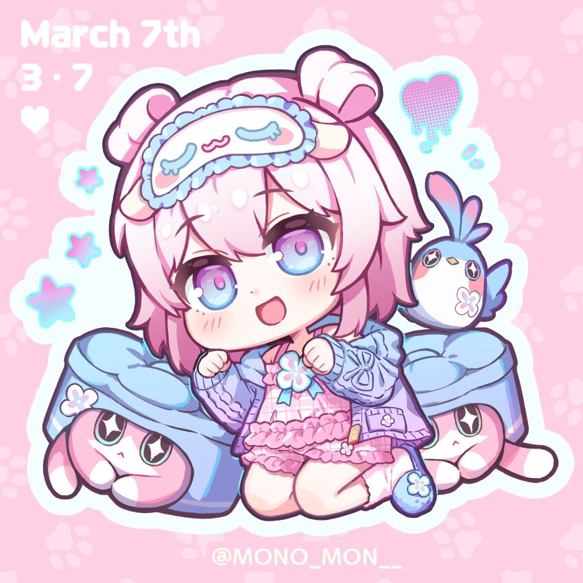 1girl absurdres aqua_hair blue_footwear character_name chibi chibi_only critter_pick_(honkai:_star_rail) highres honkai:_star_rail honkai_(series) jacket kneeling looking_at_viewer march_7th_(honkai:_star_rail) march_7th_(march_bird)_(honkai:_star_rail) medium_hair mono_(mono_mon) multicolored_eyes open_clothes open_jacket open_mouth origami_bird_(honkai:_star_rail) pajamas pink_background pink_hair pink_socks purple_jacket simple_background slippers smile socks solo twitter_username