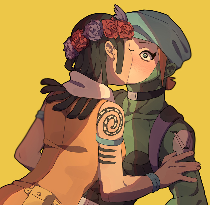 2boys arm_tattoo armlet black_hair blue_eyes blush cabbie_hat dark-skinned_male dark_skin dragona_joestar dreadlocks hat head_wreath highres implied_kiss jewelry jojo_no_kimyou_na_bouken multiple_boys scarf short_ponytail siniy tattoo the_jojolands trap white_scarf yaoi