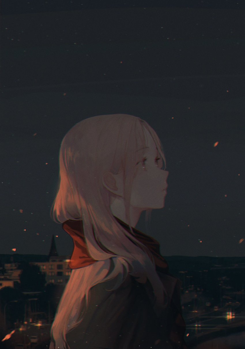 1girl building cityscape expressionless from_side highres lens_flare light_particles looking_up night original pink_eyes pink_hair scarf sul_(_20sub) upper_body