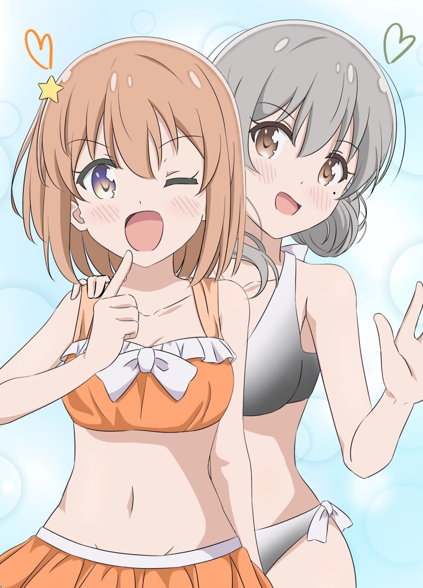 2girls bare_arms bare_legs bare_shoulders bikini blush breasts collarbone dot_nose feet_out_of_frame female_focus grey_bikini grey_hair hair_between_eyes hair_ornament heart koisuru_asteroid konohata_mira looking_at_viewer mole mole_under_eye morino_mari multicolored_eyes multiple_girls navel one_eye_closed orange_bikini orange_hair qb_(qb46311027) short_hair small_breasts standing star_(symbol) star_hair_ornament swimsuit wavy_hair