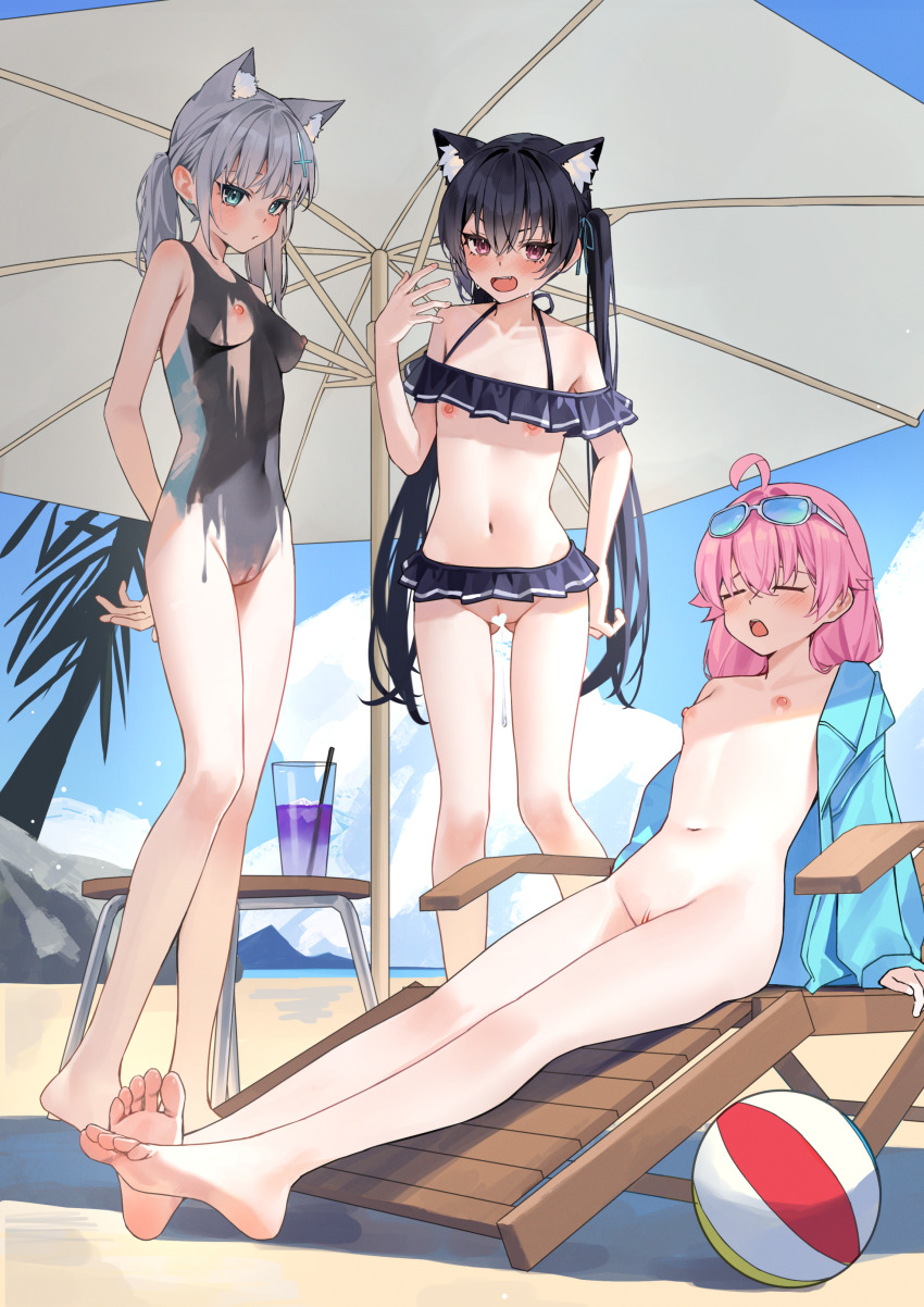 3girls absurdres ahoge animal_ear_fluff animal_ears ball bare_arms bare_legs bare_shoulders barefoot beach beachball bikini bikini_slip black_bikini black_hair blue_archive blue_eyes blue_halo blue_jacket blush bodypaint breasts cat_ears censored closed_eyes cross_hair_ornament day drink drinking_straw extra_ears eyewear_on_head fang flat_chest frilled_bikini frills gluteal_fold grey_hair hair_between_eyes hair_ornament halo heart heart_censor highres hoshino_(blue_archive) hoshino_(swimsuit)_(blue_archive) jacket long_hair long_sleeves medium_hair multiple_girls navel nipples ocean official_alternate_costume open_clothes open_jacket open_mouth outdoors painted_clothes parasol pink_hair pink_halo pussy pussy_juice pussy_juice_trail red_eyes serika_(blue_archive) serika_(swimsuit)_(blue_archive) shiroko_(blue_archive) shiroko_(swimsuit)_(blue_archive) small_breasts soles sunglasses swimsuit toes twintails umbrella wolf_ears xiao_lin_jiu