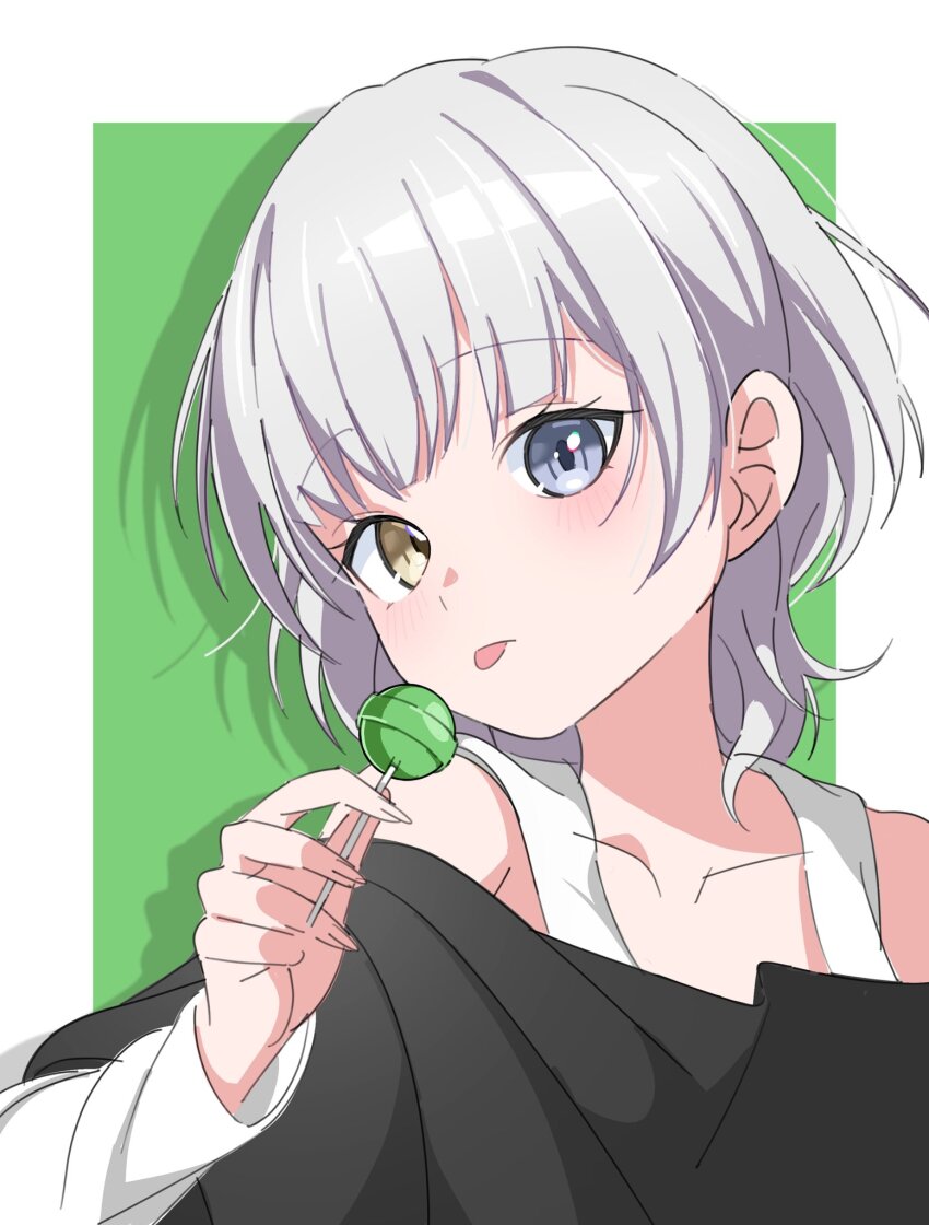 1girl bang_dream! bang_dream!_it&#039;s_mygo!!!!! black_shirt blue_eyes blush border candy commentary food heterochromia highres holding holding_candy holding_food holding_lollipop kaname_raana layered_sleeves lollipop long_sleeves looking_at_viewer ora_(oraora_oekaki) outside_border shadow shirt short_hair short_over_long_sleeves short_sleeves solo symbol-only_commentary tongue tongue_out upper_body white_border white_hair white_shirt yellow_eyes