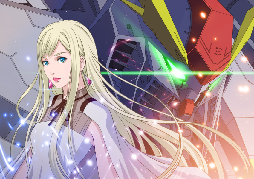 1girl blonde_hair blue_eyes breasts cape commentary earrings gigi_andalusia glowing glowing_eyes green_eyes gundam gundam_hathaway&#039;s_flash jewelry long_hair matsuba_ryou mecha mobile_suit robot science_fiction sidelocks small_breasts upper_body xi_gundam