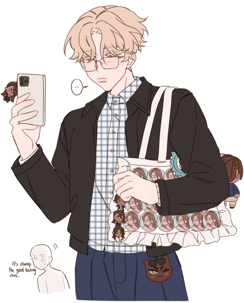 ... 1boy 1other absurdres alien_stage badge black_jacket blonde_hair blue_pants button_badge cellphone character_doll collared_shirt colored_eyelashes commentary glasses hashtag-only_commentary highres holding holding_phone hyuna_(alien_stage) itabag jacket luka_(alien_stage) majunjuu mirror_selfie pants phone shirt short_hair smartphone solo_focus spoken_ellipsis very_short_hair yellow_eyes