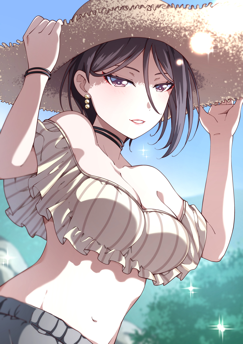 1girl arms_up bang_dream! bare_shoulders bikini black_choker black_hair black_sarong blue_sky blurry blurry_background bracelet breasts brown_bikini brown_hat choker cleavage commentary_request day dutch_angle earrings frilled_bikini frills hair_between_eyes hands_on_headwear hat highres jewelry kitayu large_breasts light_blush long_bangs looking_at_viewer navel off-shoulder_bikini off_shoulder official_alternate_costume outdoors parted_lips purple_eyes rock sarong short_hair short_sleeves sky smile solo sparkle stomach straw_hat striped_bikini striped_clothes sun_hat swimsuit upper_body vertical-striped_bikini vertical-striped_clothes yashio_rui