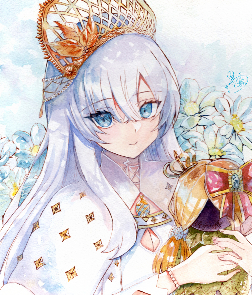 1girl absurdres anastasia_(fate) blue_eyes bracelet breasts cleavage doll fantasydolce fate/grand_order fate_(series) fingernails floral_background grey_hair highres holding holding_doll jewelry long_hair painting_(medium) portrait smile traditional_media watercolor_(medium)