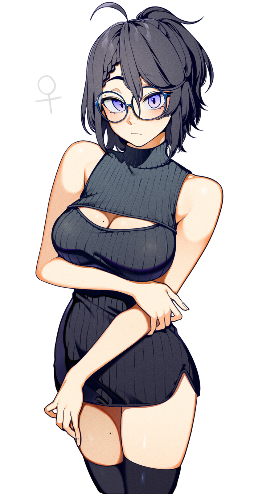 1girl absurdres ahoge bare_arms bare_shoulders black_dress black_thighhighs blue-framed_eyewear blush braid breasts cleavage cleavage_cutout closed_mouth clothing_cutout dress genderswap genderswap_(mtf) glasses hand_on_own_arm highres indie_virtual_youtuber kushizaki_(vtuber) large_breasts looking_at_viewer original purple_eyes short_dress short_hair short_ponytail sleeveless sleeveless_dress solo st_(youx1119) thighhighs venus_symbol virtual_youtuber