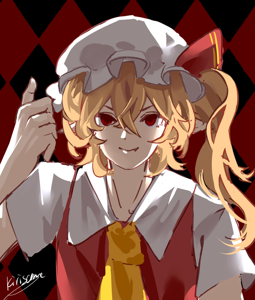 1girl absurdres ascot blonde_hair checkered_background commentary diamond_wa_kudakenai fang flandre_scarlet hat hat_ribbon highres jojo_no_kimyou_na_bouken kira_yoshikage kirisilence long_hair looking_at_viewer mob_cap parody red_eyes red_ribbon ribbon side_ponytail smile thumbs_up touhou upper_body white_hat yellow_ascot