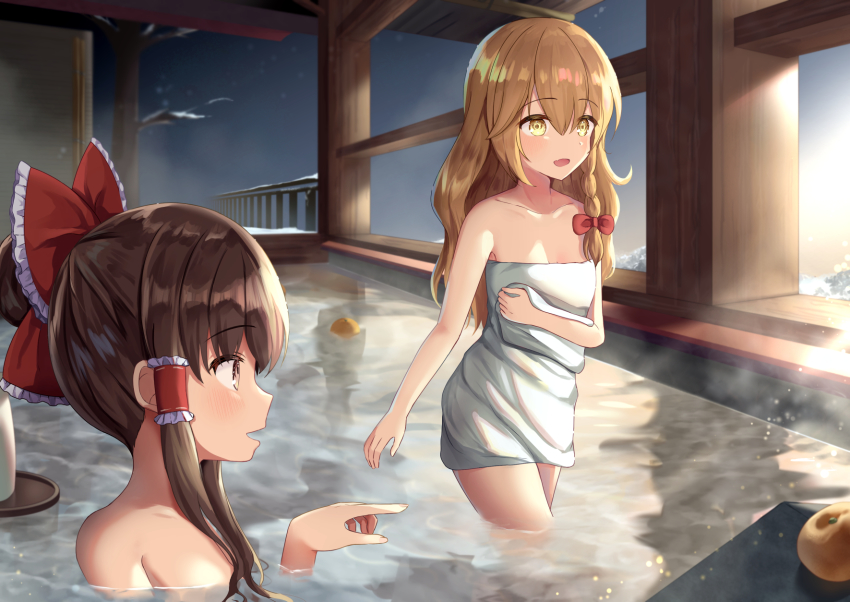 2girls bad_id bad_pixiv_id bare_tree bathing blonde_hair braid brown_eyes brown_hair commentary_request food from_side fruit hair_bun hair_ribbon hakurei_reimu highres kirisame_marisa light_particles long_hair looking_to_the_side multiple_girls naked_towel nude onsen outdoors parted_lips pointing profile railing ribbon single_braid single_hair_bun standing steam suzugahama tokkuri touhou towel tray tree tress_ribbon very_long_hair wading winter yellow_eyes yuzu_(fruit) yuzu_bath