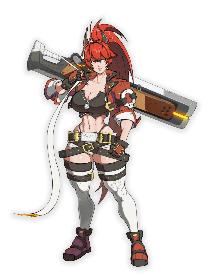 1girl abs absurdres adapted_costume bandeau black_gloves boots breasts cleavage cosplay doni_zefironi gloves goddess_of_victory:_nikke guilty_gear hair_between_eyes highres horns large_breasts long_hair mechanical_horns ponytail red_footwear red_hood_(nikke) short_shorts shorts simple_background sol_badguy sol_badguy_(cosplay) standing sword thighhighs toned very_long_hair weapon white_thighhighs yellow_eyes