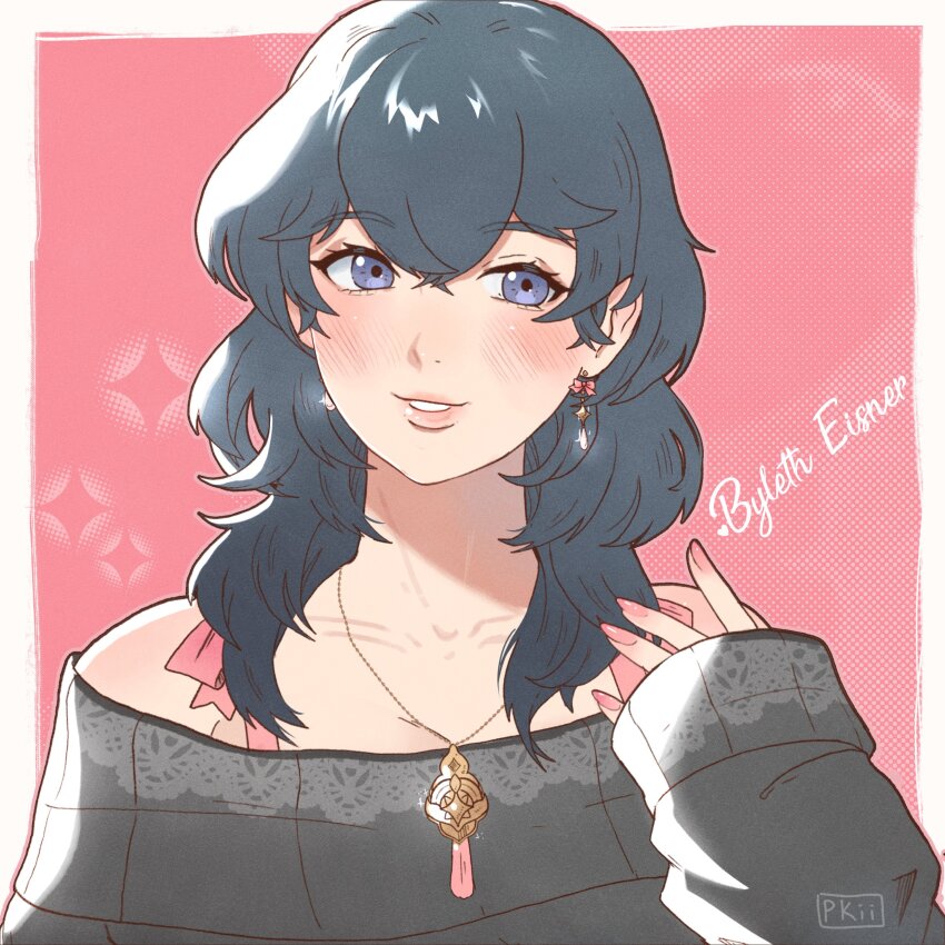 1girl absurdres bare_shoulders black_hair black_sweater blue_eyes bra_strap byleth_(female)_(fire_emblem) byleth_(fire_emblem) character_name commentary contemporary earrings english_commentary fire_emblem fire_emblem:_three_houses highres jewelry necklace nintendo off-shoulder_sweater off_shoulder parted_lips pendant pkii portrait solo sweater