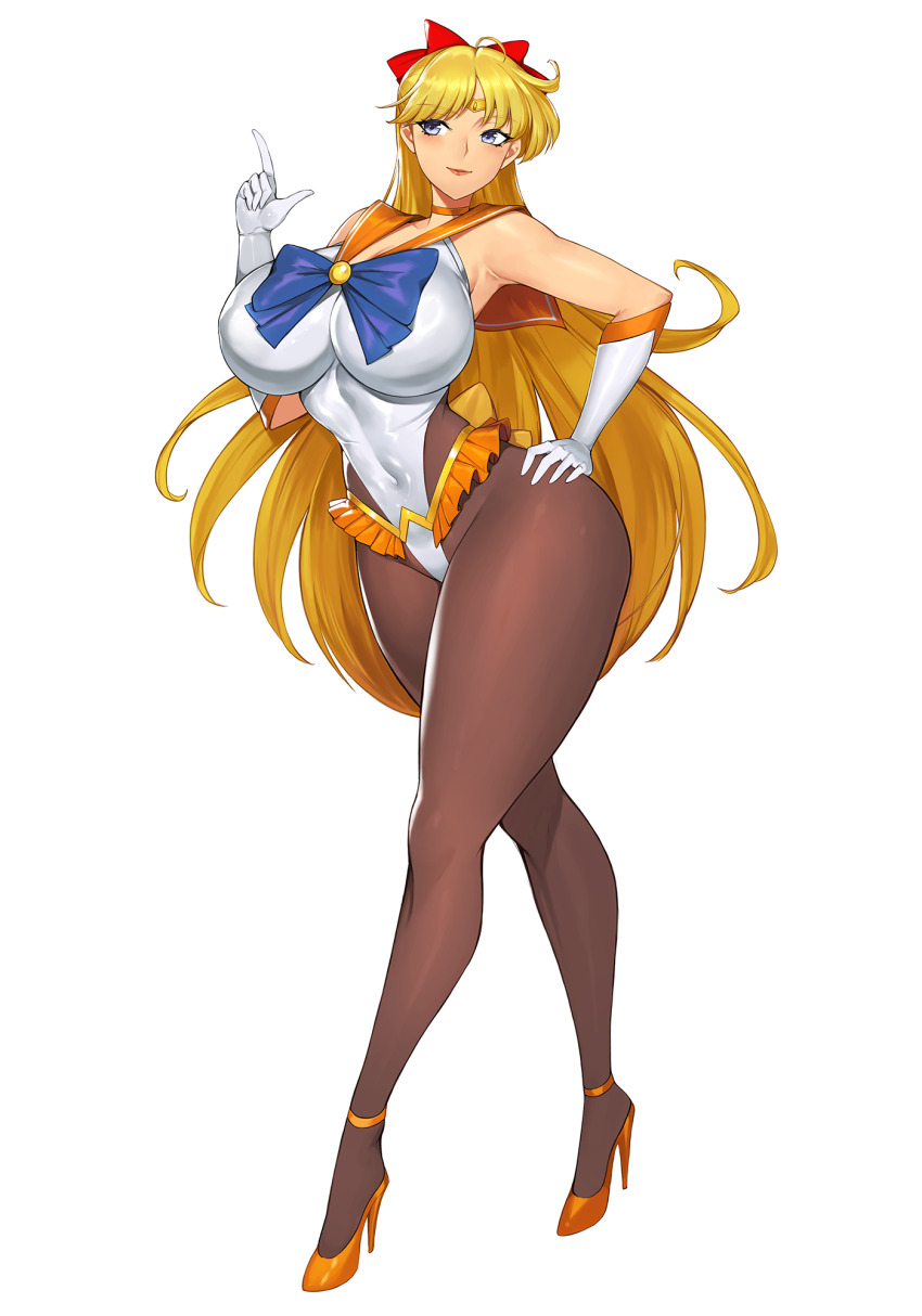 aino_minako bishoujo_senshi_sailor_moon blonde_hair blue_eyes bow breasts choker commentary curvy gloves gurimjang high_heels highres large_breasts long_hair magical_girl orange_choker orange_sailor_collar red_bow revealing_clothes sailor_collar sailor_senshi_uniform sailor_venus simple_background thighs white_background white_gloves