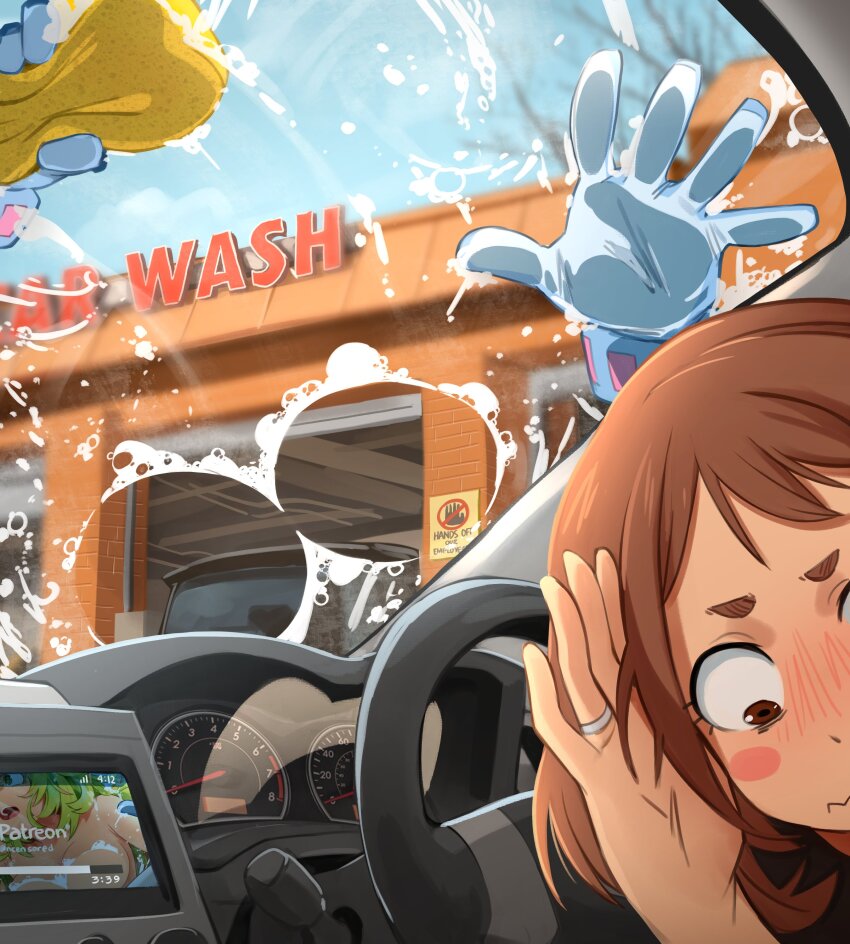 2girls absurdres blue_gloves blue_sky blush blush_stickers boku_no_hero_academia breast_press breasts brown_hair car_interior day gloves green_hair hagakure_tooru hand_up highres holding holding_sponge invisible jewelry khyle. large_breasts multiple_girls paid_reward_available ring short_hair sky soap_bubbles sponge steering_wheel uraraka_ochako washing_vehicle