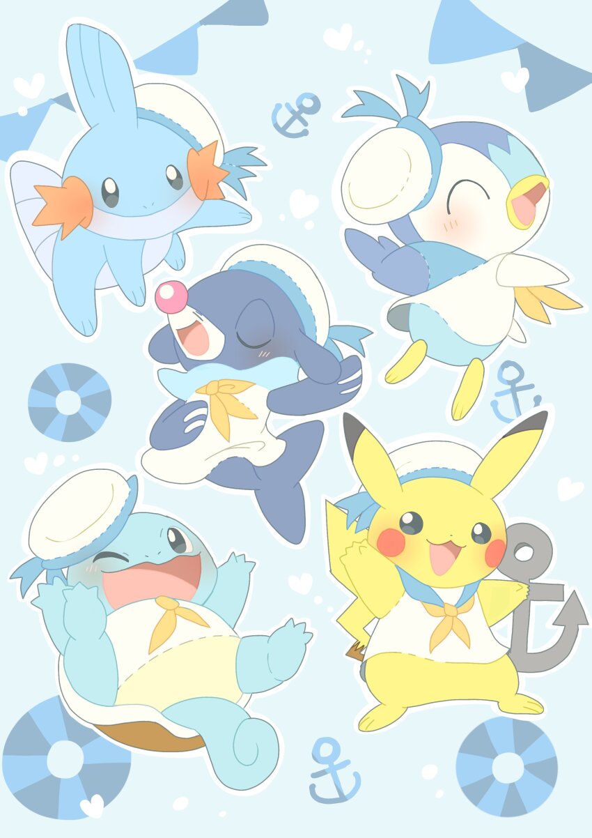 absurdres anchor animal banner black_eyes blue_background blue_ribbon blue_theme clothed_animal commentary_request creature_focus creatures_(company) full_body game_freak gen_1_pokemon gen_3_pokemon gen_4_pokemon gen_7_pokemon happy hat hat_ribbon heart highres light_blush mudkip neckerchief nintendo no_humans one_eye_closed open_mouth pikachu piplup pokemon pokemon_(creature) popplio ribbon roku_(rokkrn) sailor_collar sailor_hat sailor_shirt shirt smile squirtle waving yellow_neckerchief