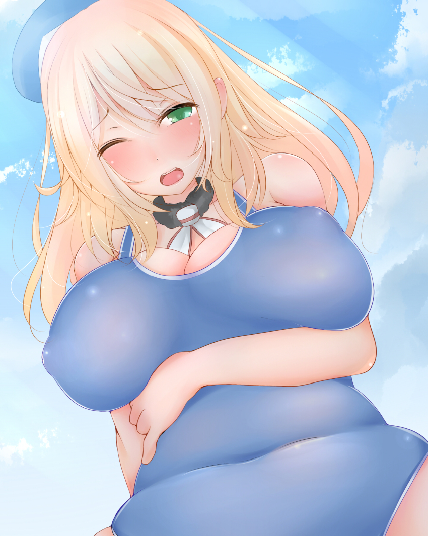 10s 1girl atago_(kancolle) bare_shoulders belly blonde_hair breasts cloud covered_navel day female_focus green_eyes hat highres kantai_collection large_breasts long_hair looking_at_viewer navel one-piece_swimsuit personification raised_eyebrows sky solo suiren_(mystia6b) swimsuit wince