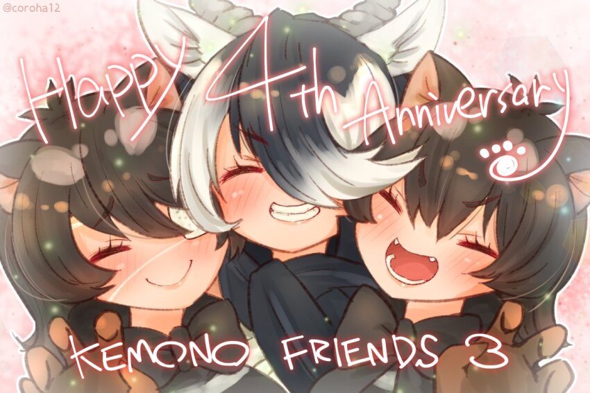 3girls animal_ears anniversary australian_devil_(kemono_friends) black_hair blackbuck_(kemono_friends) bow bowtie cloak coroha extra_ears eyepatch fang gloves hair_over_one_eye horns kemono_friends kemono_friends_3 long_hair multicolored_hair multiple_girls pink_background short_hair simple_background smile tasmanian_devil_(kemono_friends) two-tone_hair white_hair