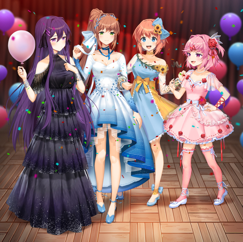 4girls :d alternate_costume balloon bare_shoulders black_dress blue_bow blue_dress blue_eyes blue_footwear bow breasts brown_hair cleavage commentary confetti doki_doki_literature_club dress english_commentary flower full_body green_eyes hair_flower hair_ornament hairclip hand_on_own_hip long_dress long_hair long_sleeves medium_breasts monika_(doki_doki_literature_club) multiple_girls natsuki_(doki_doki_literature_club) new_year official_art open_mouth pink_dress pink_eyes pink_hair pink_thighhighs ponytail purple_eyes purple_hair satchely sayori_(doki_doki_literature_club) shoes short_hair short_sleeves small_breasts smile thighhighs twintails white_dress white_footwear yuri_(doki_doki_literature_club)